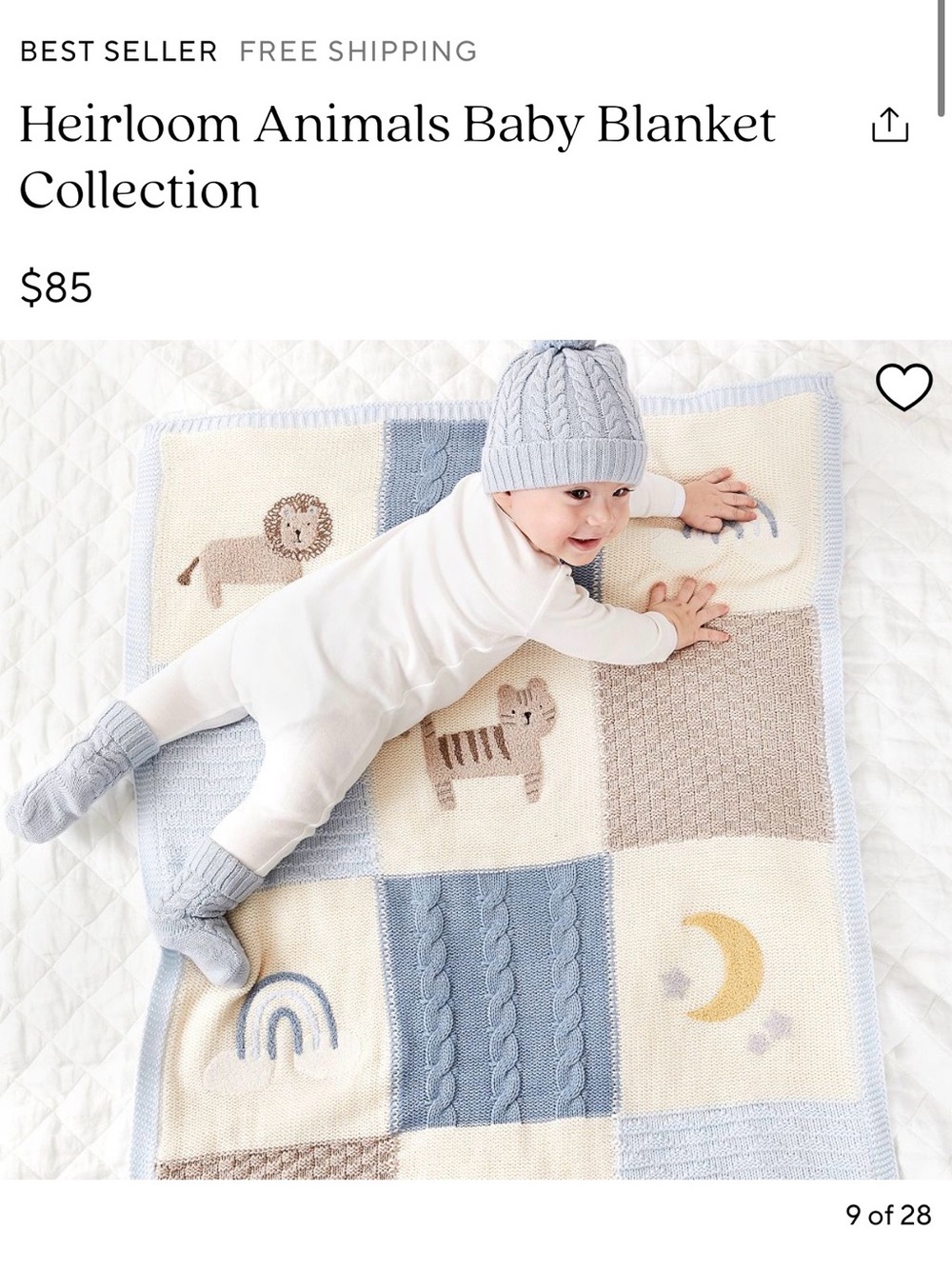 Pottery Barn Kids Heirloom Animals Blue Knit Baby Blanket 30 x 40